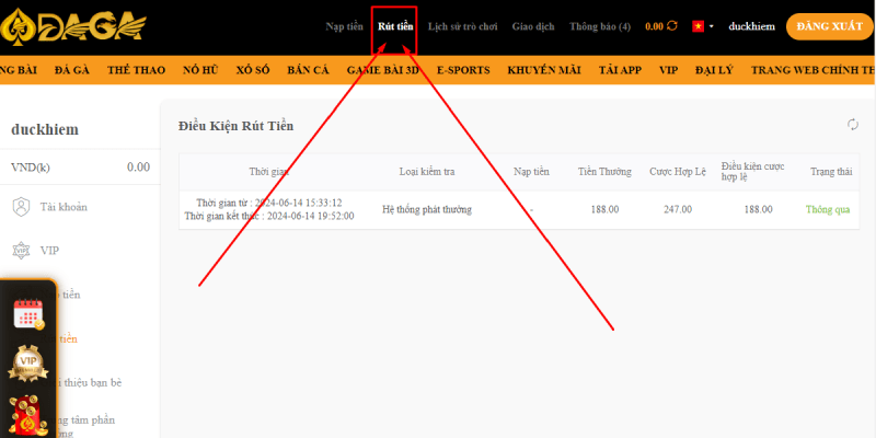 Bet thủ hãy chuyển tiền về ví chính để thực hiện rút thưởng